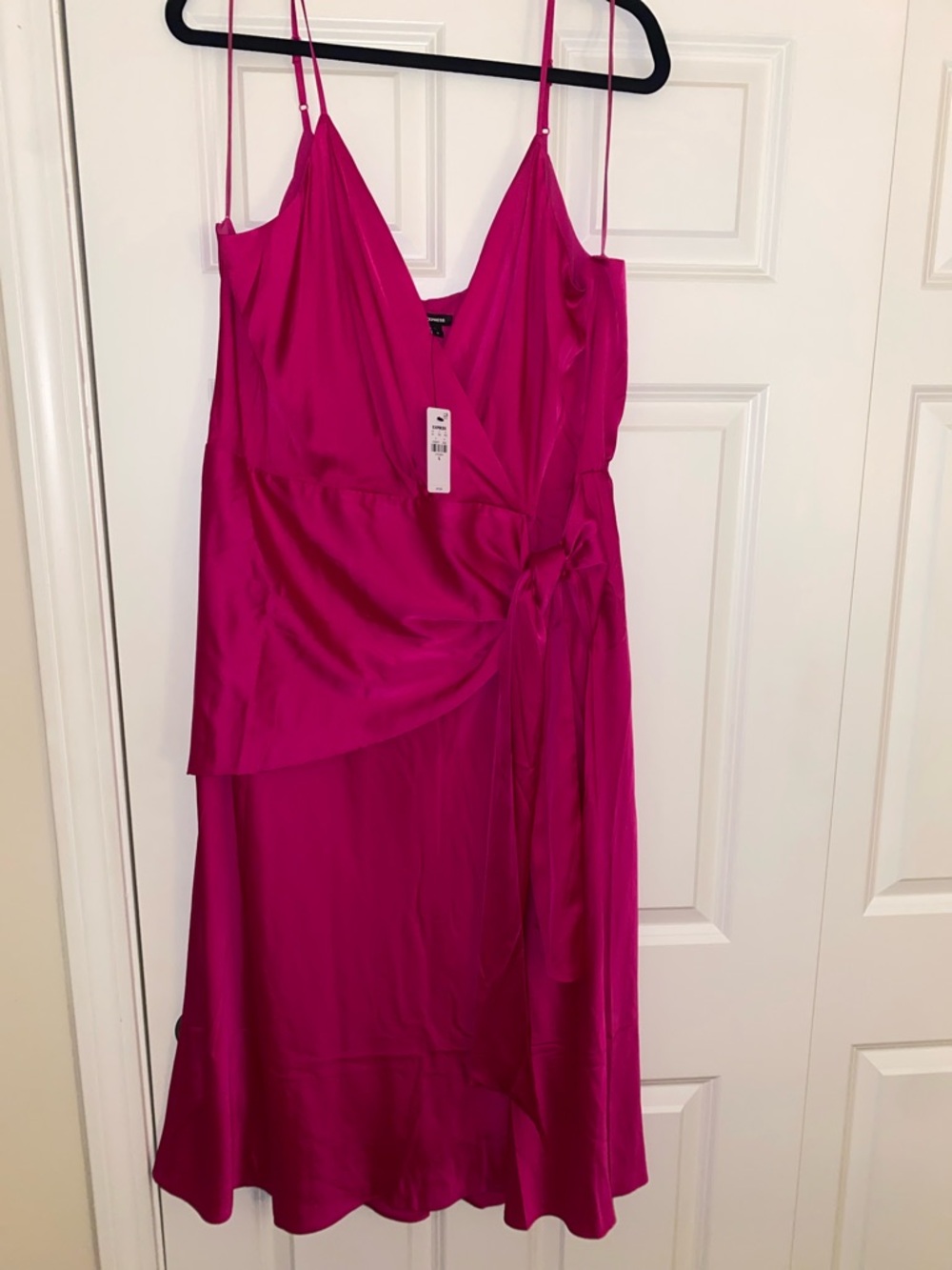 Express Satin Wrap Midi Dress in Bright Magenta